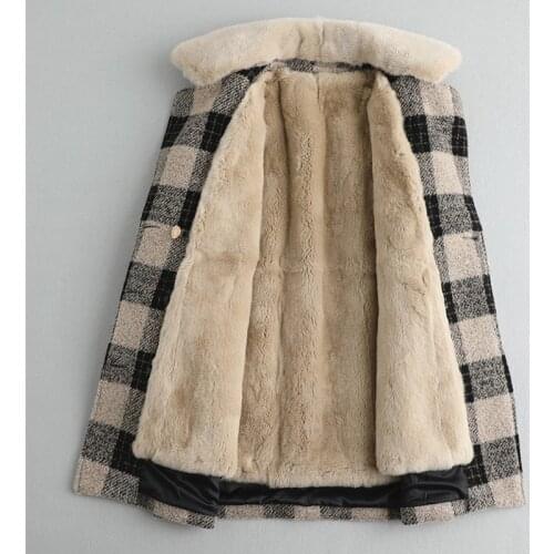 Real Fur Coat Female Natural Rabbit Fur Liner Wool Coat Winter Jacket Women Mink Fur Collar Alpaca Woolen Coats MY4361