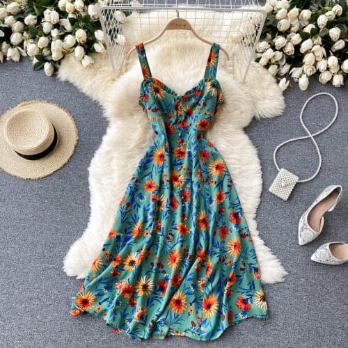 Print Beach Style Vintage Dress 2021 Summer Elegant Wild Fashion Spaghetti Strap Holiday Seaside Chiffon Dresses for Women