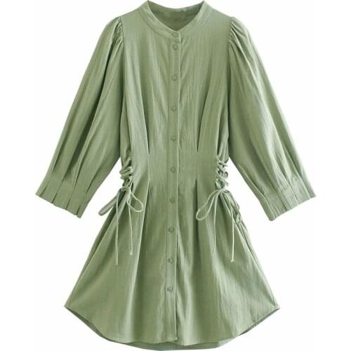 Women 2021 Fashion mini dress with drawstring waist Vintage O-Neck Three Quarter Sleeve Female shirt dresses Chic short robe