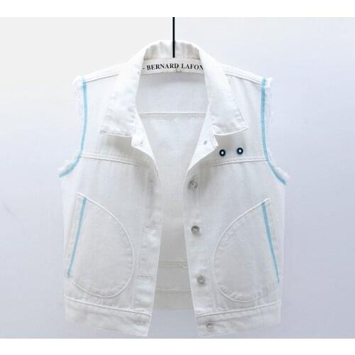 Fashion White Denim Vests Women Big Pocket Short Sleeveless Jacket Back Cord Jeans Vest Student Waistcoat Female Chaquetas Mujer