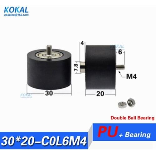 1PCS low noise double ball bearing PU TPU soft wheel Roller with M4 Screw shaft conveyor belt PU30*20-M4 Screw Wheel Bearings