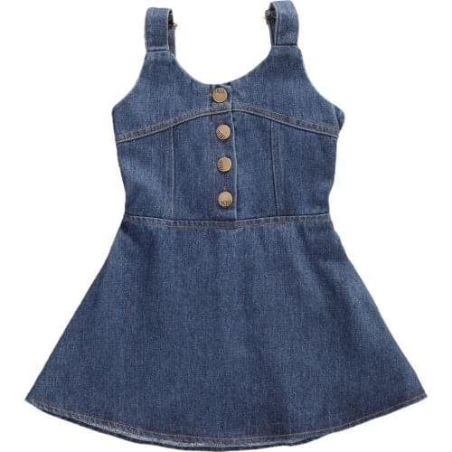 2020 Summer Kids Baby Girls Holiday Dress Blue Denil Sleeveless Button Ruffles Knee Length A-Line Dress