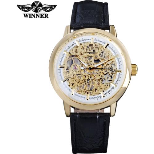 T-WINNER new popular brand man watches luxury mechanical hand wind watch skeleton dials gold case leather band relogio masculino