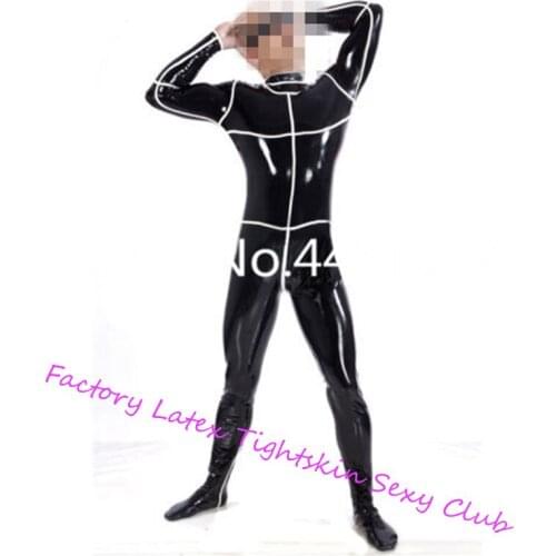Black and white trims Latex Men Bodysuit with Socks White Strips Rubber Costumes Catsuit Club Party Wear lingerie porno back zip