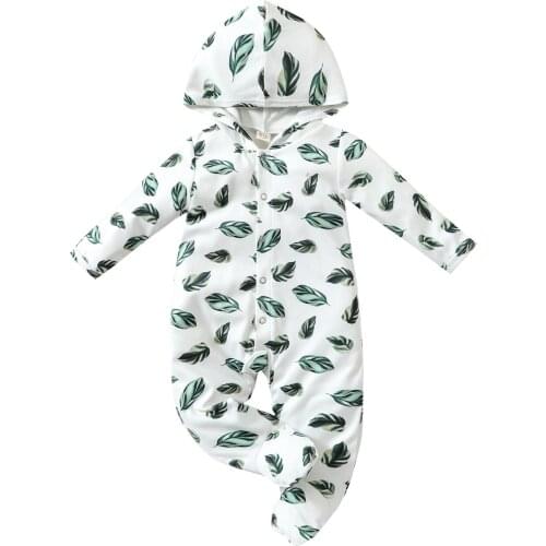 0-12M Infant Baby Boy Girl Fashion Romper Hooded Leaf Printed Long Sleeve Jumpsuit Clothing