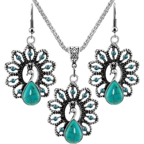 FYSL Silver Plated Peacock Shape with Green Turquoises Stone Pendant Necklace Earrings Trendy Jewelry Set