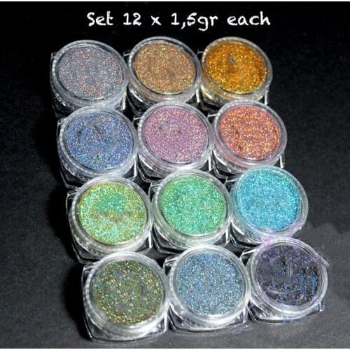 12PCs -1/128 Holographic Rainbow Glitter Powder Nail Holo Cosmetic Grade 0,08mm"Galaxy"solvent resistant,Nail Art Glitter dust