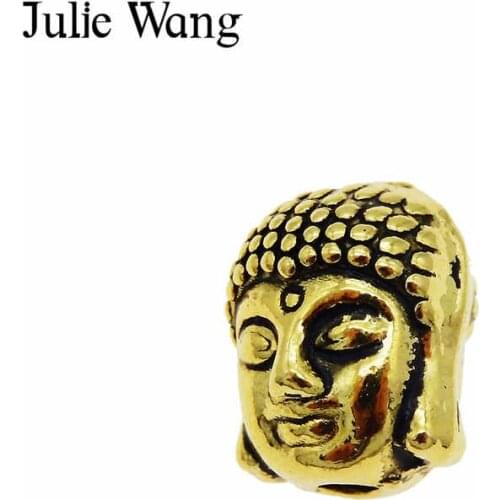 Julie Wang 2-20PCS Antique Gold Buddha Head Beads Alloy Separate Beads Charms Bracelet Necklace Pendant Jewelry Making Accessory