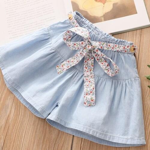Sweet Floral Belt Bowknot Deisign Girls Short Summer Cotton Thin Denim Pants for Toddler Girls Legging Children Short Pants 3-10