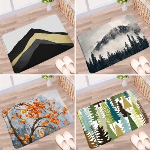Autumn Foggy Forest Bathroom Mat Mountain Tree Bird Watercolor Painting Non-slip Rugs Bath Floor Decor Kitchen Door Aisle Carpet