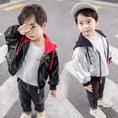 Boys' leather jacket spring autumn western Korean childrens hooded leather jacket hooded jacket, childrens clothing