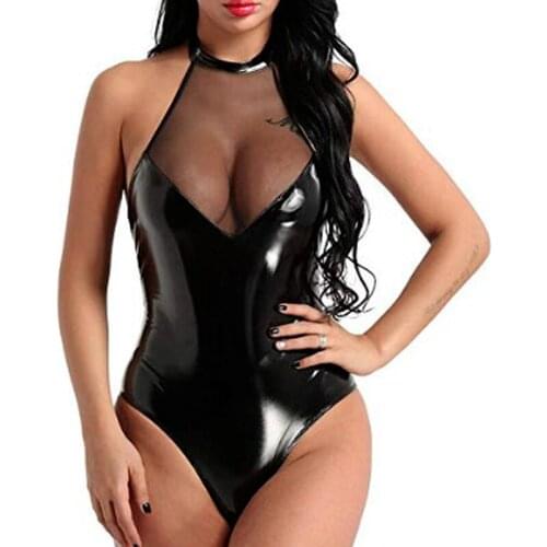 Leather Mesh Fishnet Bust Sexy Lingerie Sexi Women Catsuit Sex Erotic Underwear Ladies Women Lenceria Erotica Porno Bodysuit