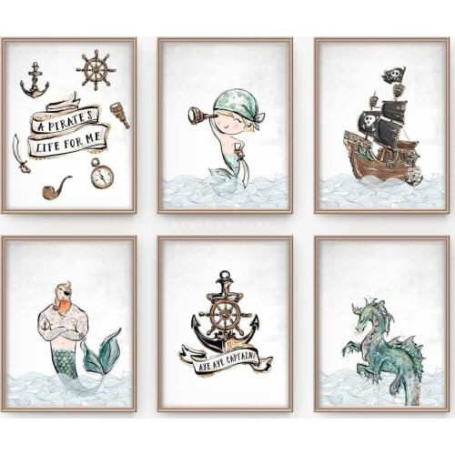 Pirate Ship Captain Seahorse Nursery Wall Art Canvas Painting Cartoon Nordic Posters And Prints Wall Picture Boy Kids Room Decor