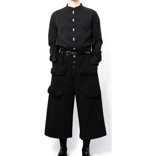 Yamamoto style mens casual pants wide leg trousers skirt pants bell bottoms multi-pocket dark black loose and simple