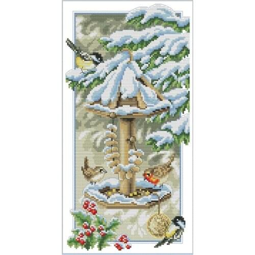 Cross Stitch Stamped Kits Printed Embroidery Cloth Needlepoint Kits Easy Patterns For Birds Enjoying The Cold Winter