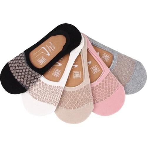 5 Pairs Women Boat Socks Summer Breathable Mesh Invisible Non-slip Silicone Cotton Women Sock Slippers Casual Fashion Sock Meias
