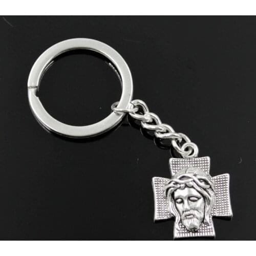 New Fashion Men 30mm Keychain DIY Metal Holder Chain Vintage Cross Jesus 28x22mm Silver Color Pendant Car Keychain Gift