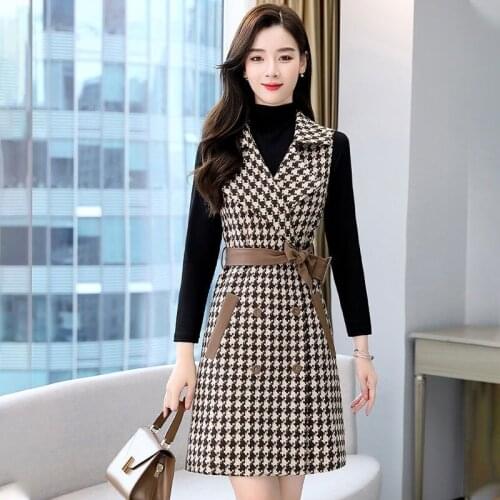 2021 Autumn Winter New Women Fashion Casual Houndstooth Turndown Collar Cardigan Sleeveless Lace-up All-match Vest L-5XL Y674