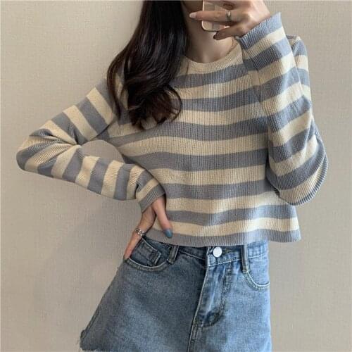 Autumn Round Neck Long Sleeve Striped Pullovers Casual Black/Red/Beige Striped Sweater Korean Style Autumn 2020 Womens Jumper
