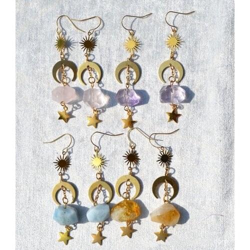 Raw crystal earrings natural amethyst sun moon quartz earrings handmade colorful crystal hairpin jewelry Wicca gift