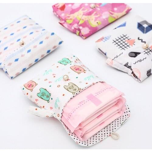 1pc Cute Cartoon Cotton Fabric Sanitary Napkin Storage Bag Large Capacity Compact Portable Coin Purse Jewelry Organizer Dropship