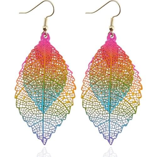 Vintage Leaves Earrings Luxury Boho Bohemian Earrings Hollow Out Earrings Double Layers Colorful Metal Leaf Earrings