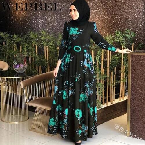 WEPBEL Women Muslim Dress Abaya Islamic Full Sleeve Floral Flower Ruffles Casual Fashion Autumn Ladies Long Maxi Dresses