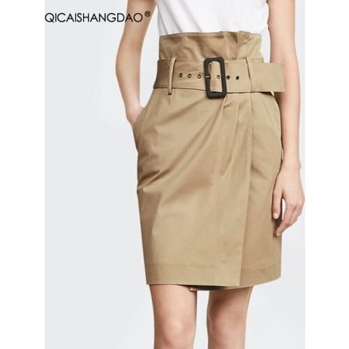 High Street Womens Above Knee Khaki Pencil Skirt Belt Lace-Up High Waist Slit Midi Skirts 2021 Summer New Work Wear Bottoms