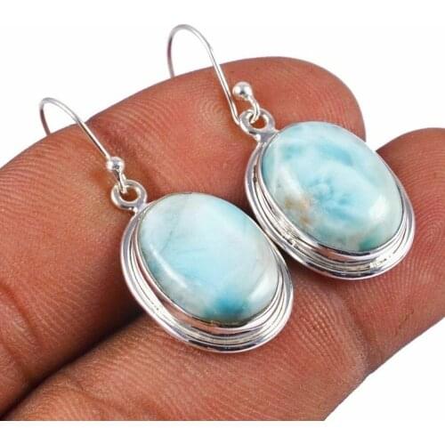 Larimar 925 Sterling Silver Women Natural Gemstone Hoop Earring Party Bride Wedding Engagement Fine Jewelry