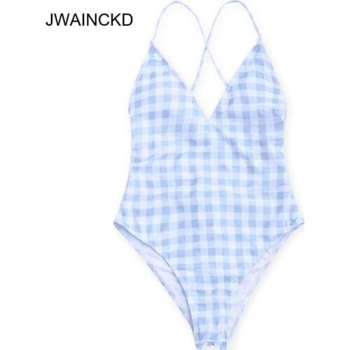 Women Plaid Lattice Bodysuit Bow Sleeveless Backless Jumpsuit Female Plavky One Piece Monokini Biquini Tankini Swimsuit Maillot