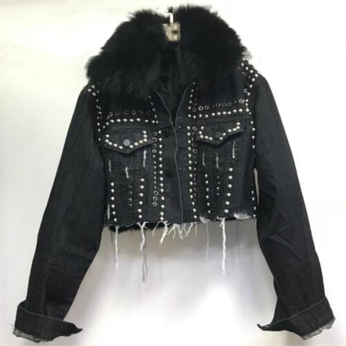2020 Winter New Street Denim Jacket Female Rivet Hole Real Fox Fur Collar Detachable Real Rabbit Fur Liner Jeans Coat