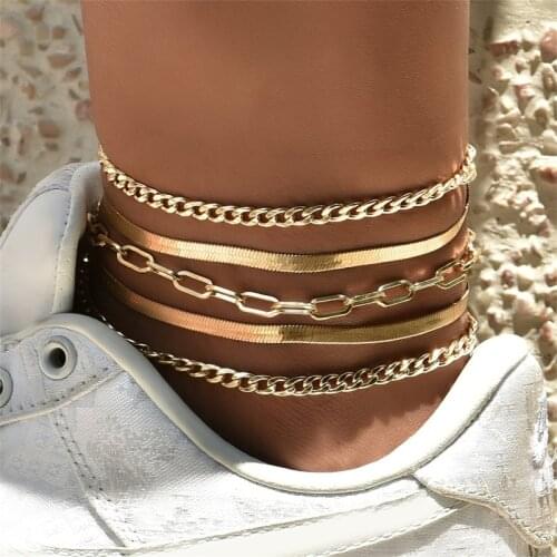 5 Pcs/Set Simple Women Anklets Multilayer Metal Chain Gold Color Ladies Beach Anklet Set Bohemian Party Wedding Jewelry