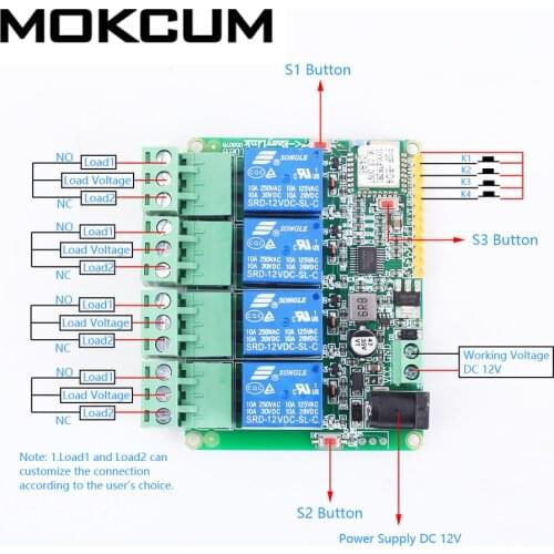 DC 12V 2.4G 4Bit IoT Wireless Transceiver WIFI Intelligent Controller Switch 10A Relay Module 4-Channel APP Control for Arduino