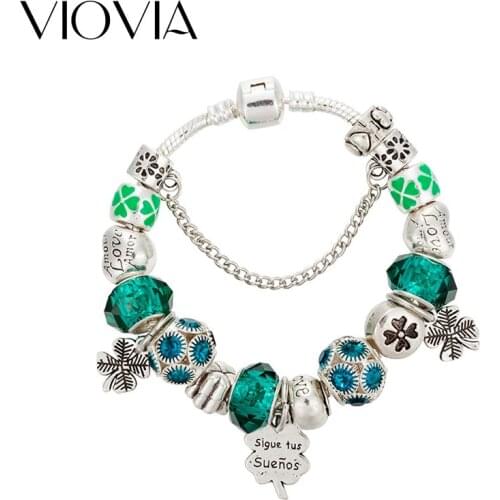 VIOVIA Brand Jewelry Clover Charm Bracelets For Women DIY Green Crystal Beads Bracelets & Bangles Girl Gift Pulseras B17082