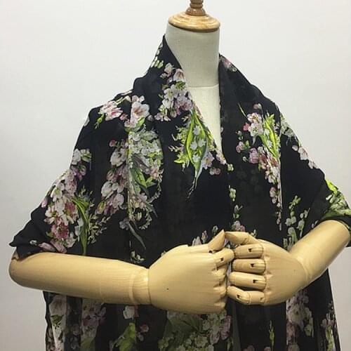 Flower design black pure silk georgette gauze fabric fit for girls summer dress,SCG669