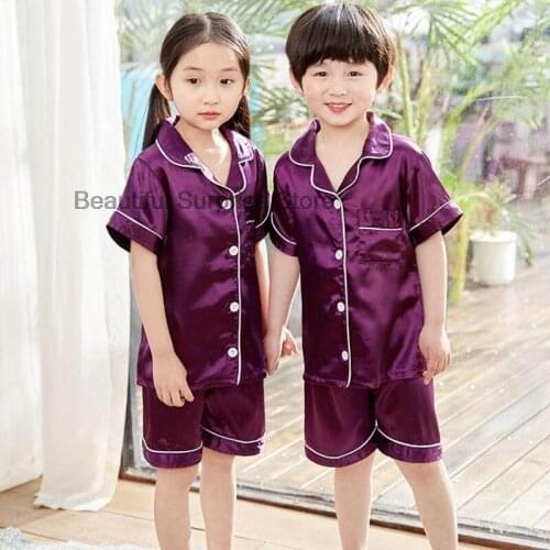 Childrens Pajamas Set Baby Suit Kids Skin-friendly Clothes Toddler Boys Girls Silk Satin Solid Tops Pants Set Home Wear 2-10Y