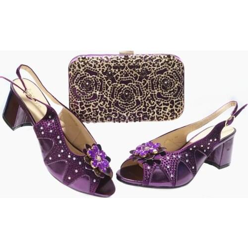 Italian Design Nigerian Newest Fashion Purple Color Party Women Shoes and Bag Set With Butterfly-Kont Shape Crystal Decoration