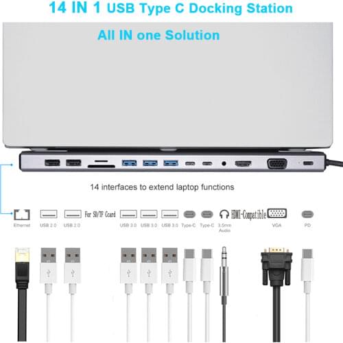 14 IN 1 Type C HUB With USB 3.0 SD/TF Card Reader Dual HDMI 4K RJ45 VGA USB C HUB For MacBook/Dell USB Splitter Docking Station