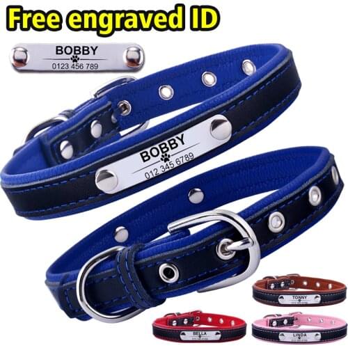 Durable Adjustable Personalized Dog Collar Leather Puppy ID Name Custom Engraved for Small Medium Large Dogs Cat 4 Size XS-L