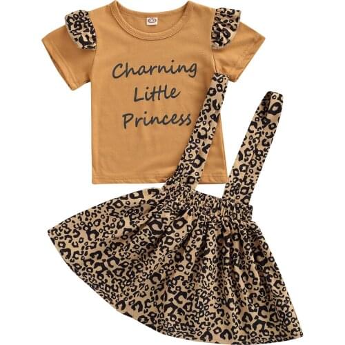 Lioraitiin 2-6Years Toddler Girls 2Pcs Letter Print Flying Sleeve Tops Leopard Print Suspender Skirt Birthday Party Vacation