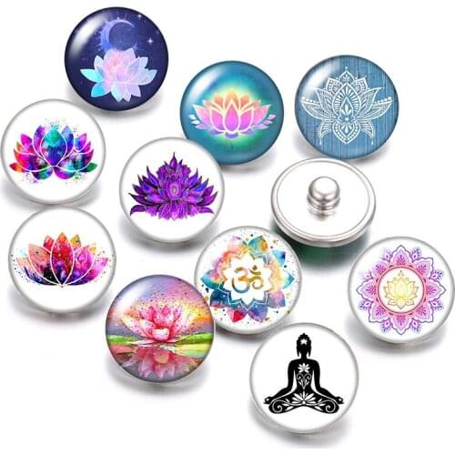 Lotus Yoga religion Evil eye Bohemia 18mm snap buttons 10pcs mixed round photo glass cabochon style for snap button jewelry