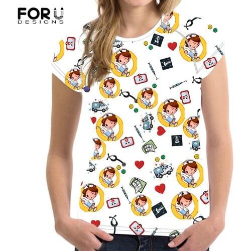 FORUDESIGNS 2021 New Ladies O-neck Short Sleeves Tshirts White Cute Cartoon Nurse Girls Pattern Womens Tops Camisetas De Mujer