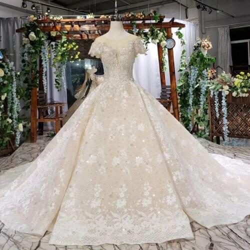 BGW HT4175 Luxury Arabic Ball Gown Wedding Dresses Cathedral Train Illusion Beading Appliques Wedding Gowns Vestido De Noiva