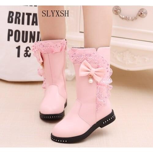 SLYXSH Autumn Winter New Girls Fashion Boots Princess Rivets Pu Leather Boots Kids Butterfly Knot Shoes Fashion Long Boot
