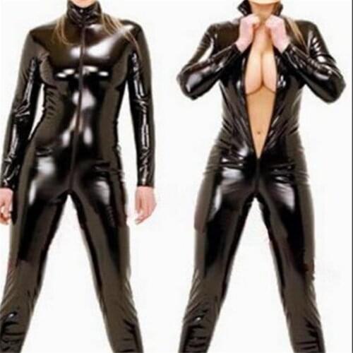Sexy Lingerie Latex Black Female Erotic Faux Leather Catsuit PVC Bodysuit Front Zipper Open Crotch Pole Dance Clubwear Jumpsuit