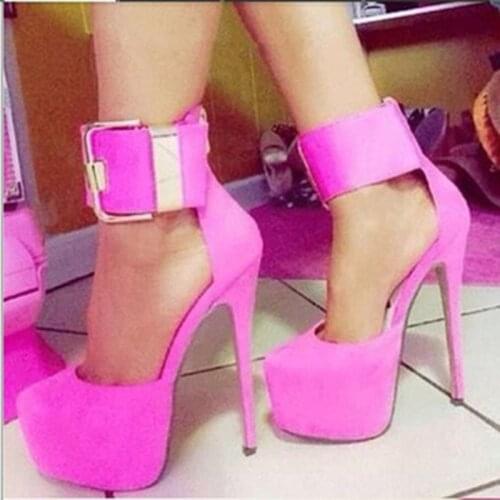 Sexy Women High Platform Rose Suede Stilettos Women Big Buckle Closed toe Pumps Female Formal Single Super High heels