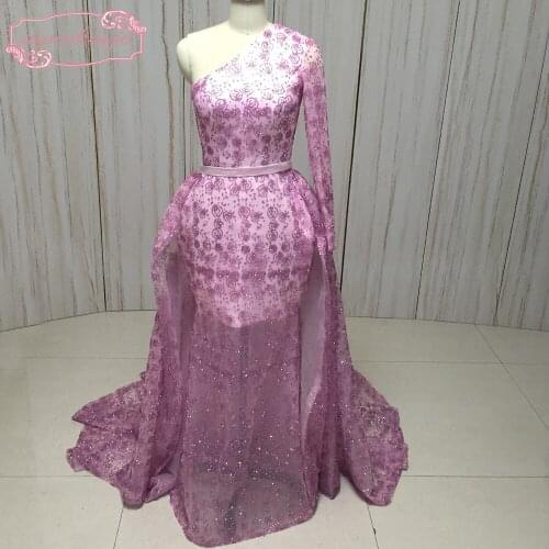 SuperKimJo Detachable Skirt Evening Dresses Long Sleeve One Shoulder Bling Bling Sequins Fashion Arabic Prom Dresses