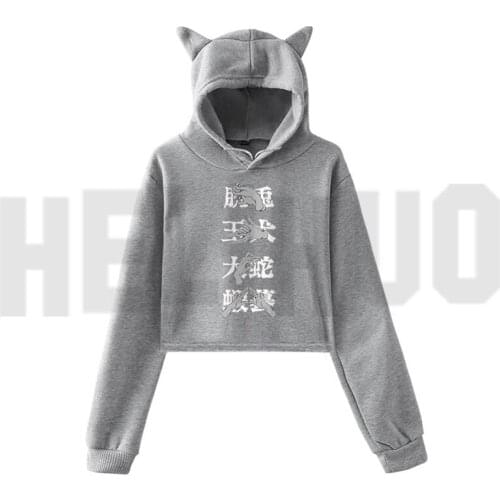 Trend Japan Jujutsu Kaisen Hoodies Women Oversized Streetwear Cat Crop Top Female Anime Cat Ear Sweatshirt Women Pink Tops