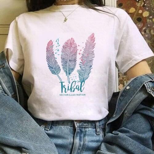 Womens T-shirt Feather Harajuku printed T-shirt fashion casual white T-shirt Fashion Female T-shirt Clothes