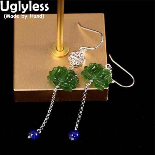 Uglyless Natural Jasper Lotus Earrings for Women Silver Tassels Long Chains Earrings Lapis Ethnic Jewelry 925 Sterling Silver